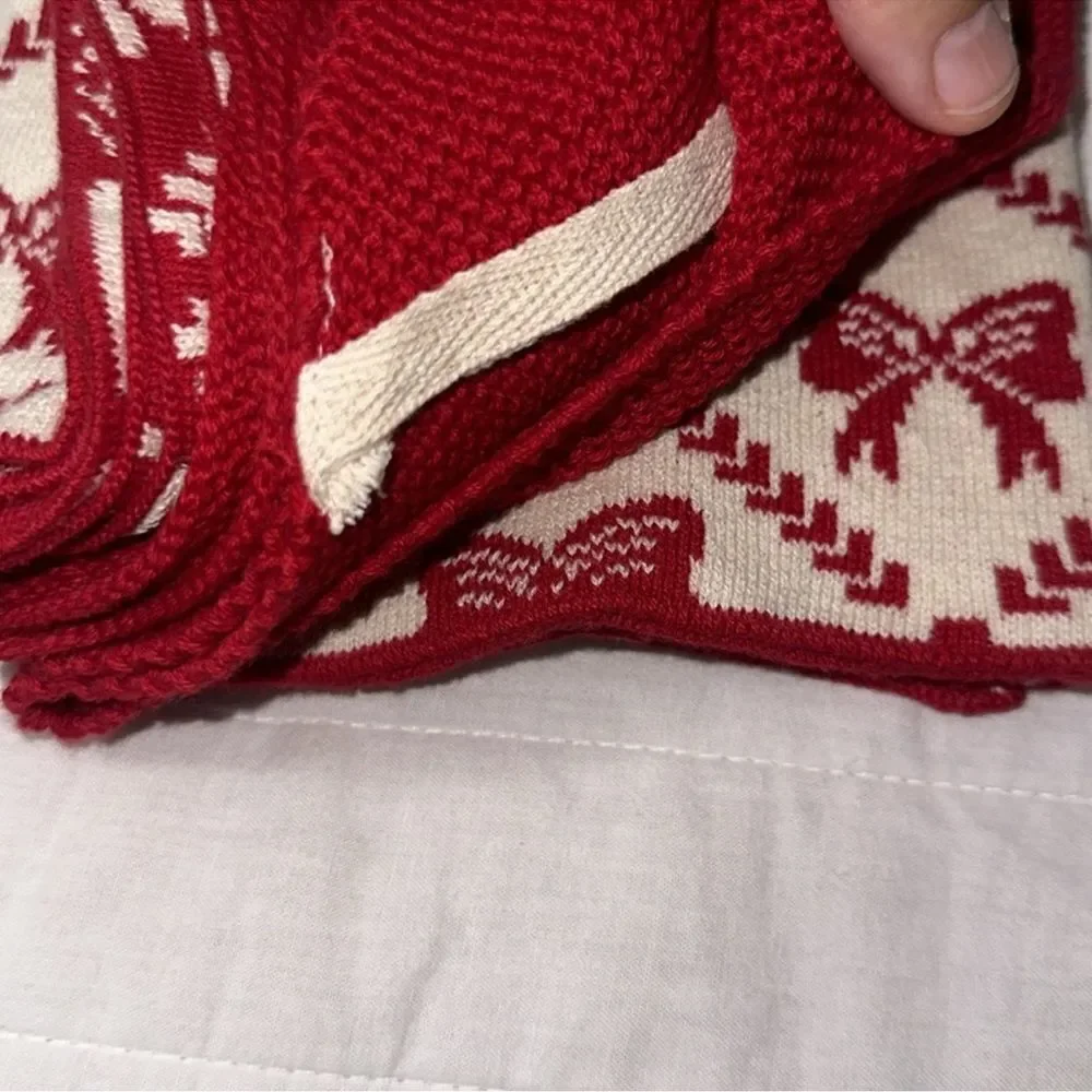 cupcakes & cashmere 3 Tea Towels Ivory Tan Red Christmas Bow Tie Cotton Knit